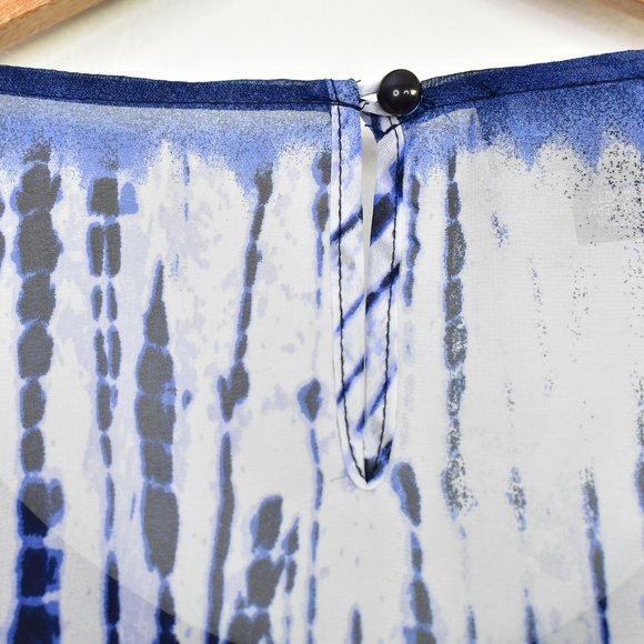 AB Studio Tie Dye Flare 3/4 Sleeve Top Small Navy Sheer Boho High Low Hippie - Picture 9 of 12